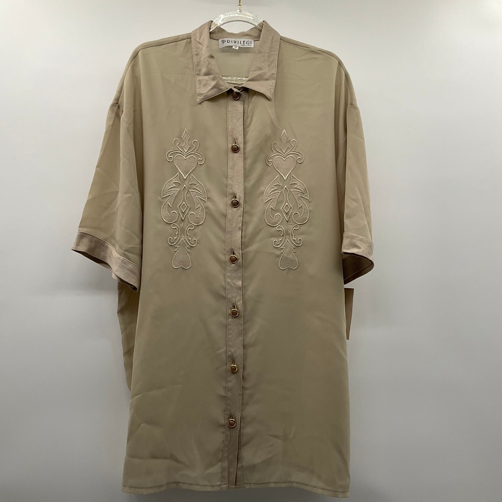 Vintage Baroque Embroidered Button Down Shirt M Tan Beige Short Sleeve Retro New